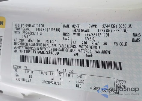 2021 Ford Ranger Xlt из США, поврежденный, VIN 1FTER1FH9MLD31839